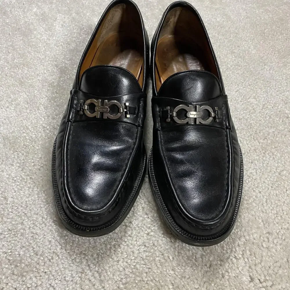 Salvatore Ferragamo Shoes Mens 11.5B Black Leather Gancini Loafers Lug Sole